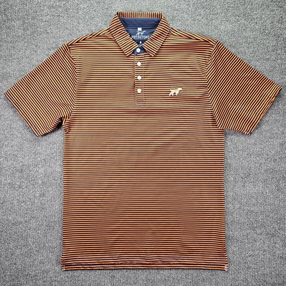 Fieldstone Polo Shirt Mens Medium Slim Orange Navy Striped Short Sleeve Stretch